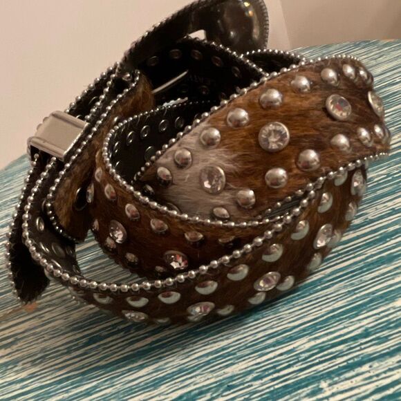 Nocona Women’s Leather/Calf Hair Rhinestone/Studs Western/Cowgirl Belt Size - Picture 9 of 14